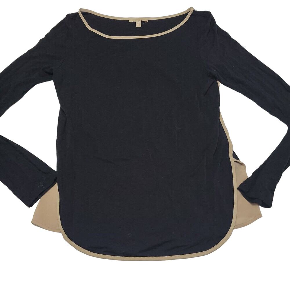Bordeaux Blouse Womens Small Shirt Black Long Sleeve Scoop Neck Beige Trim Tee